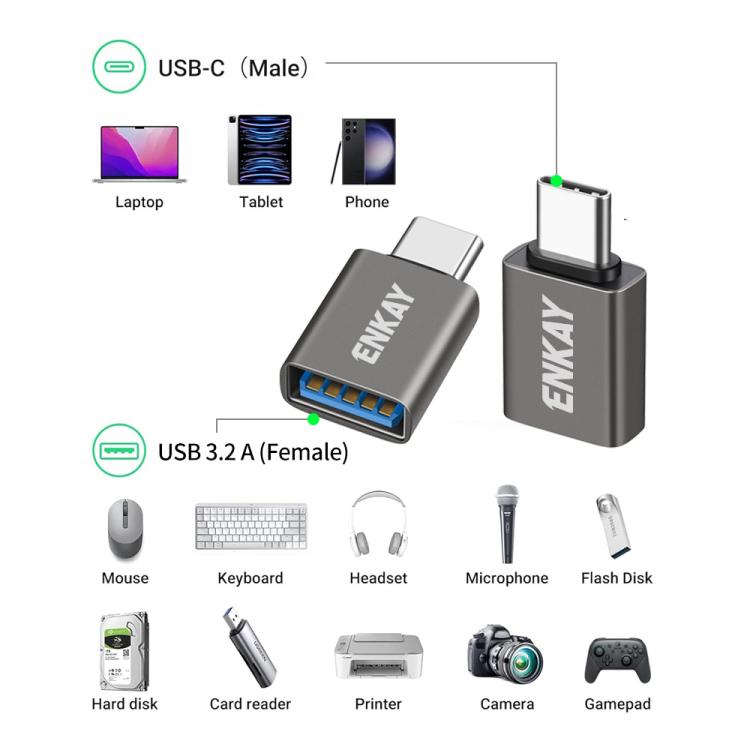 Adattatore dati ENKAY ENK-AT134 da 10 Gbps da USB 3.2 A femmina a USB C maschio in lega di alluminio, 2 Pcs
