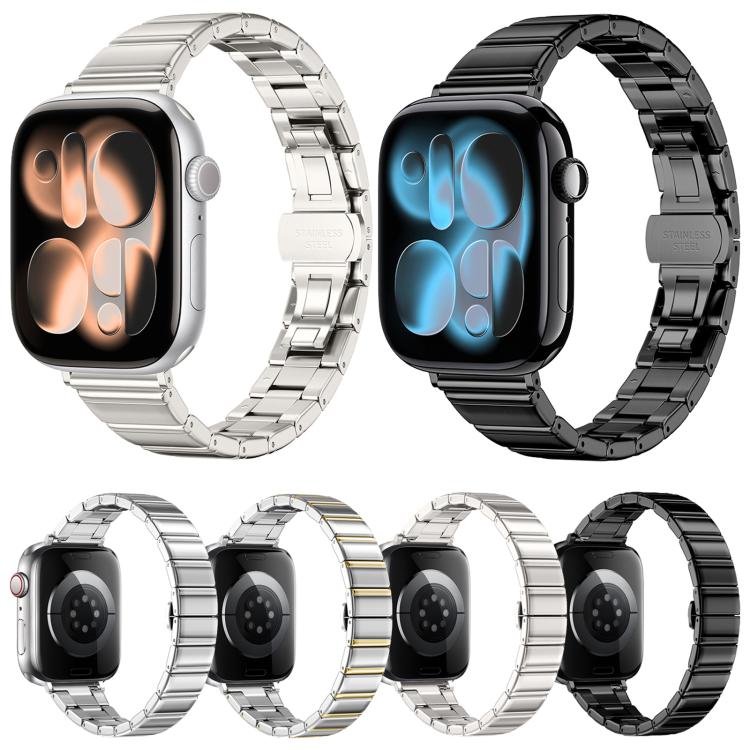Cinturino per orologio in acciaio inossidabile con fibbia pieghevole a farfalla sottile color melanzana e bambù., For Apple Watch 46mm / 49mm / 45mm / 44mm, For Apple Watch 42mm / 41mm / 40mm / 38mm