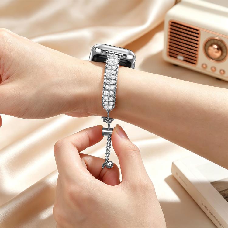 Bracciale regolabile con doppia fila di diamanti, cinturino in metallo per orologio, For Apple Watch 46mm / 49mm / 45mm / 44mm, For Apple Watch 42mm / 41mm / 40mm / 38mm