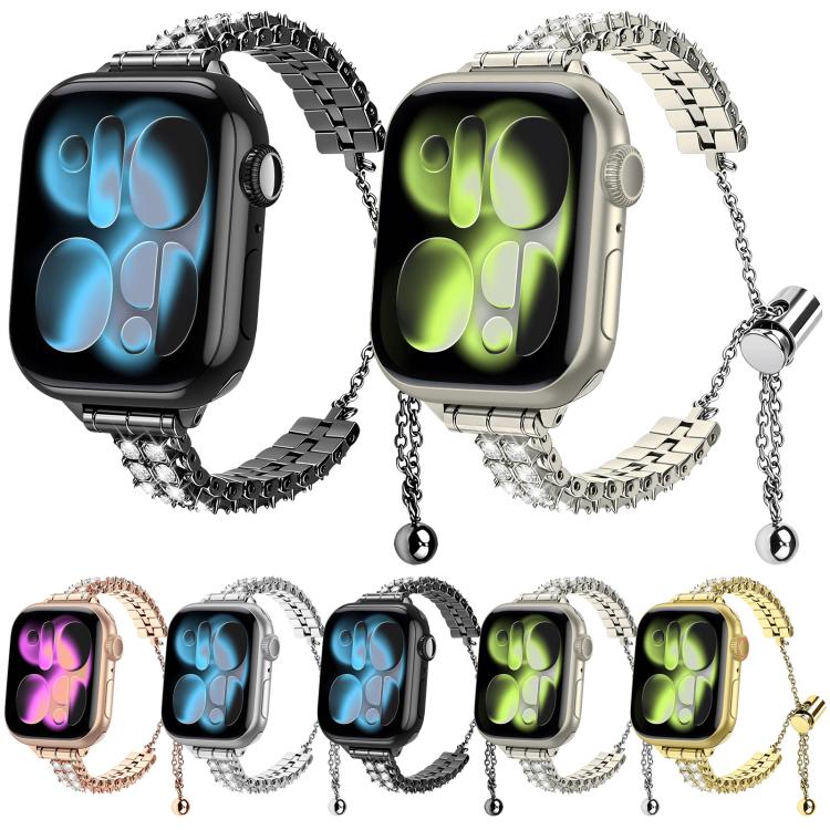 Bracciale regolabile con doppia fila di diamanti, cinturino in metallo per orologio, For Apple Watch 46mm / 49mm / 45mm / 44mm, For Apple Watch 42mm / 41mm / 40mm / 38mm