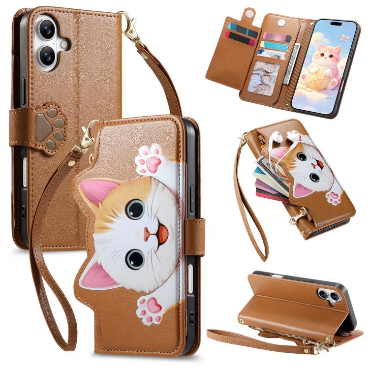 Portafoglio a forma di gatto con cerniera, custodia per telefono in ecopelle con cinturino, For iPhone 16 Pro Max, For iPhone 16 Pro, For iPhone 16 Plus, For iPhone 16