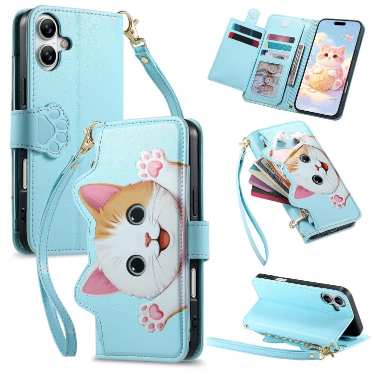 Portafoglio a forma di gatto con cerniera, custodia per telefono in ecopelle con cinturino, For iPhone 16 Pro Max, For iPhone 16 Pro, For iPhone 16 Plus, For iPhone 16