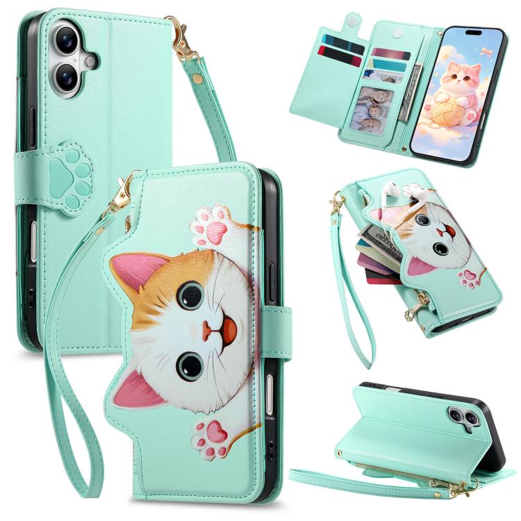 Portafoglio a forma di gatto con cerniera, custodia per telefono in ecopelle con cinturino, For iPhone 17 Pro Max, For iPhone 17 Pro, For iPhone 17, For iPhone Air