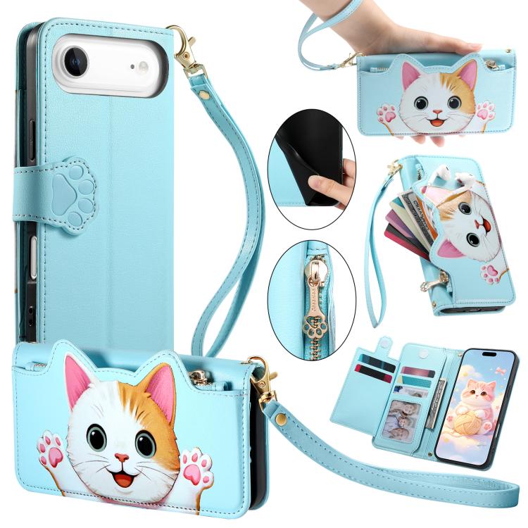 Portafoglio a forma di gatto con cerniera, custodia per telefono in ecopelle con cinturino, For iPhone 17 Pro Max, For iPhone 17 Pro, For iPhone 17, For iPhone Air