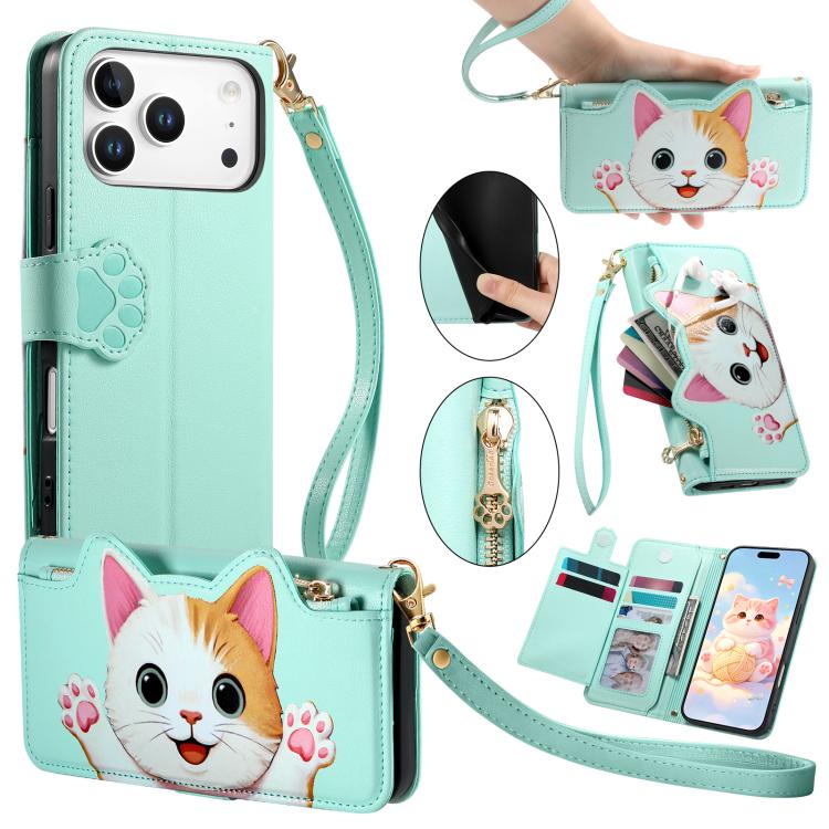 Portafoglio a forma di gatto con cerniera, custodia per telefono in ecopelle con cinturino, For iPhone 17 Pro Max, For iPhone 17 Pro, For iPhone 17, For iPhone Air