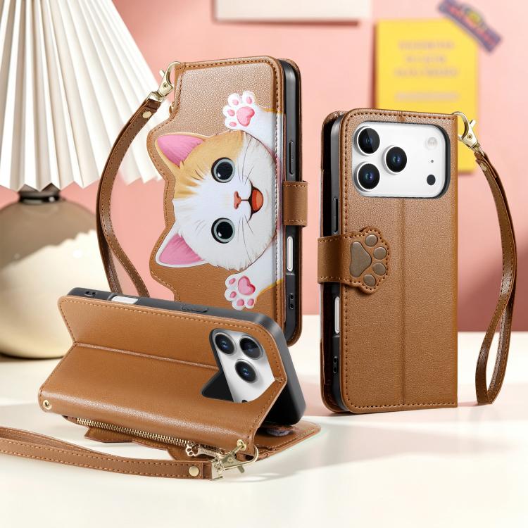 Portafoglio a forma di gatto con cerniera, custodia per telefono in ecopelle con cinturino, For iPhone 17 Pro Max, For iPhone 17 Pro, For iPhone 17, For iPhone Air