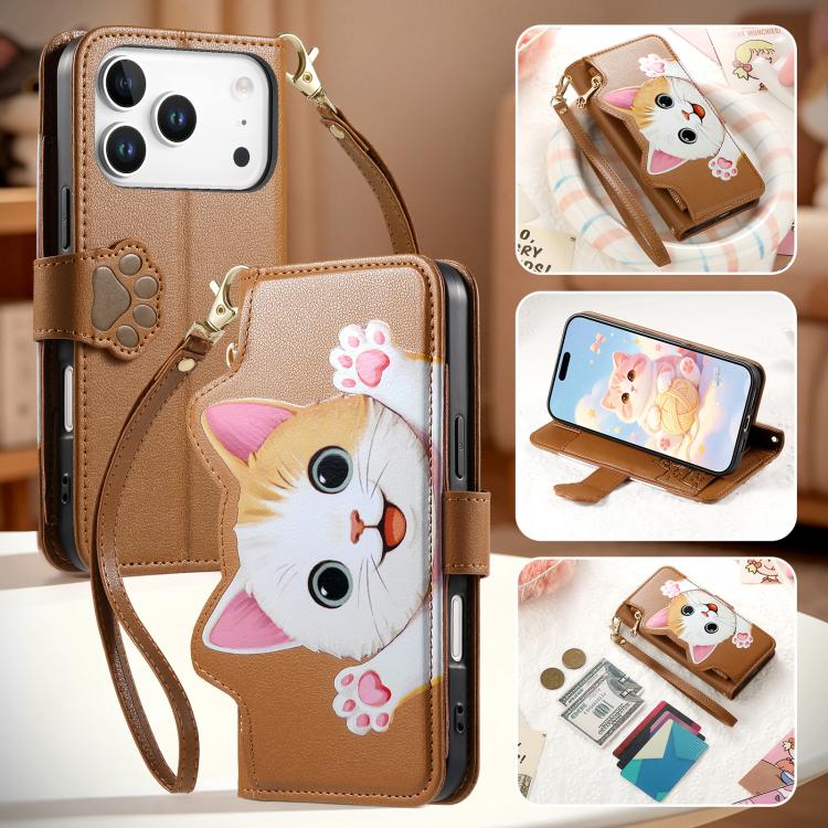 Portafoglio a forma di gatto con cerniera, custodia per telefono in ecopelle con cinturino, For iPhone 17 Pro Max, For iPhone 17 Pro, For iPhone 17, For iPhone Air