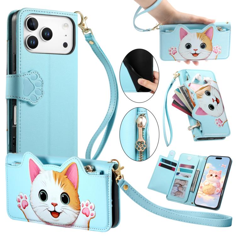 Portafoglio a forma di gatto con cerniera, custodia per telefono in ecopelle con cinturino, For iPhone 17 Pro Max, For iPhone 17 Pro, For iPhone 17, For iPhone Air
