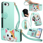 Portafoglio a forma di gatto con cerniera, custodia per telefono in ecopelle con cinturino, For iPhone 11 Pro, For iPhone 17e / 16e, For iPhone 14 / 13, For iPhone 12 / 12 Pro