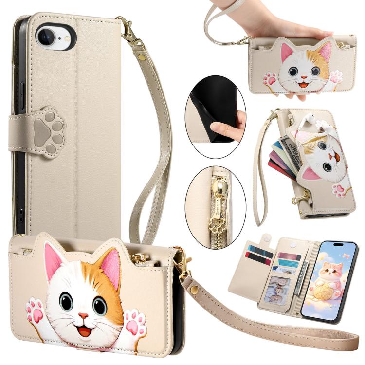 Portafoglio a forma di gatto con cerniera, custodia per telefono in ecopelle con cinturino, For iPhone 11 Pro, For iPhone 17e / 16e, For iPhone 14 / 13, For iPhone 12 / 12 Pro