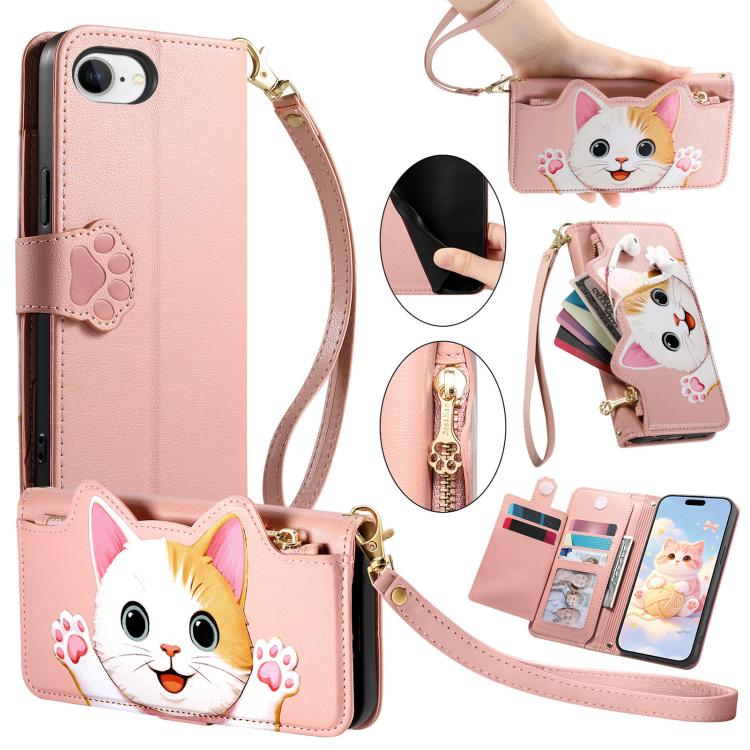 Portafoglio a forma di gatto con cerniera, custodia per telefono in ecopelle con cinturino, For iPhone 11 Pro, For iPhone 17e / 16e, For iPhone 14 / 13, For iPhone 12 / 12 Pro