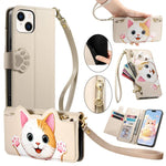 Portafoglio a forma di gatto con cerniera, custodia per telefono in ecopelle con cinturino, For iPhone 15 Pro Max, For iPhone 15 Pro, For iPhone 15 Plus, For iPhone 15