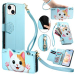 Portafoglio a forma di gatto con cerniera, custodia per telefono in ecopelle con cinturino, For iPhone 11 Pro, For iPhone 17e / 16e, For iPhone 14 / 13, For iPhone 12 / 12 Pro