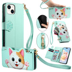 Portafoglio a forma di gatto con cerniera, custodia per telefono in ecopelle con cinturino, For iPhone 11 Pro, For iPhone 17e / 16e, For iPhone 14 / 13, For iPhone 12 / 12 Pro