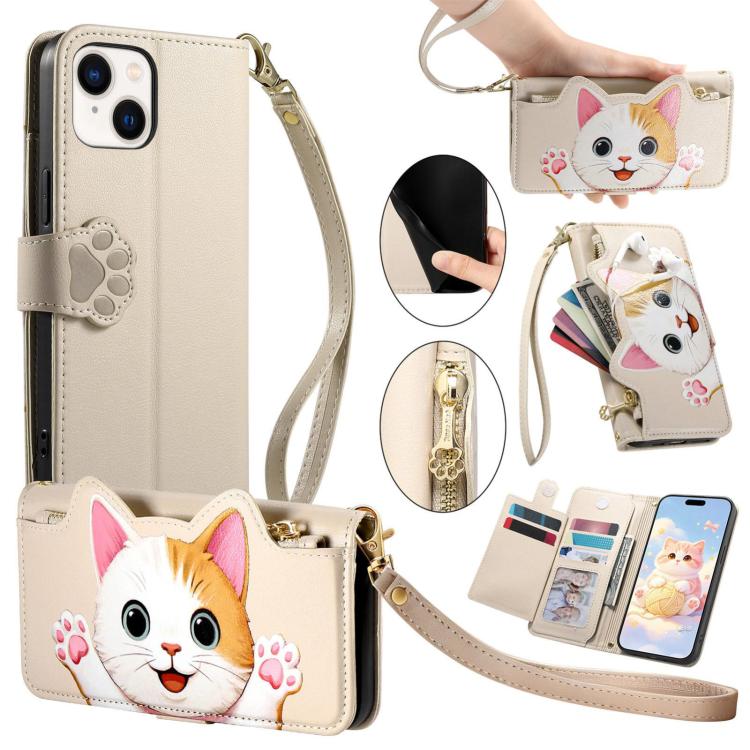 Portafoglio a forma di gatto con cerniera, custodia per telefono in ecopelle con cinturino, For iPhone 11 Pro, For iPhone 17e / 16e, For iPhone 14 / 13, For iPhone 12 / 12 Pro