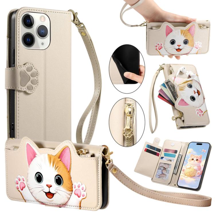 Portafoglio a forma di gatto con cerniera, custodia per telefono in ecopelle con cinturino, For iPhone 11 Pro, For iPhone 17e / 16e, For iPhone 14 / 13, For iPhone 12 / 12 Pro