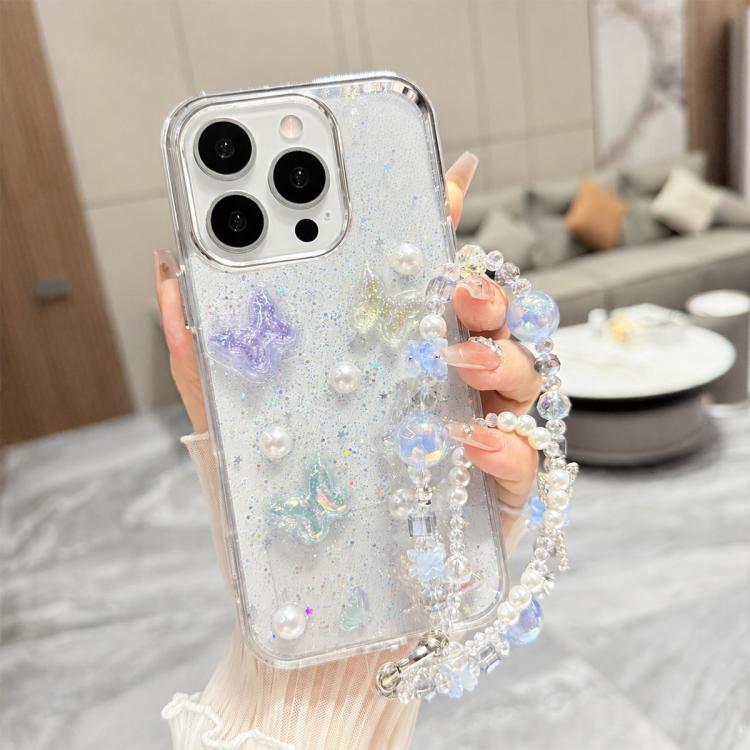 Custodia per telefono in TPU epossidico con glitter e quattro farfalle 3D, con bracciale a catena., For iPhone 15 Pro Max, For iPhone 15 Pro, For iPhone 15 Plus, For iPhone 15