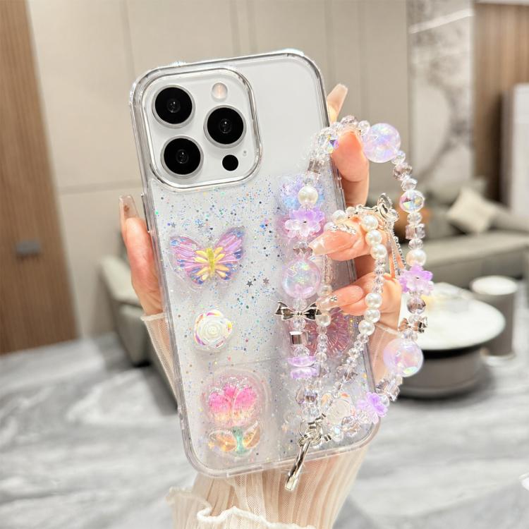 Custodia per telefono in TPU epossidico con glitter e quattro farfalle 3D, con bracciale a catena., For iPhone 15 Pro Max, For iPhone 15 Pro, For iPhone 15 Plus, For iPhone 15