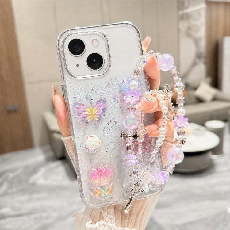 Custodia per telefono in TPU epossidico con glitter e quattro farfalle 3D, con bracciale a catena., For iPhone 15 Pro Max, For iPhone 15 Pro, For iPhone 15 Plus, For iPhone 15