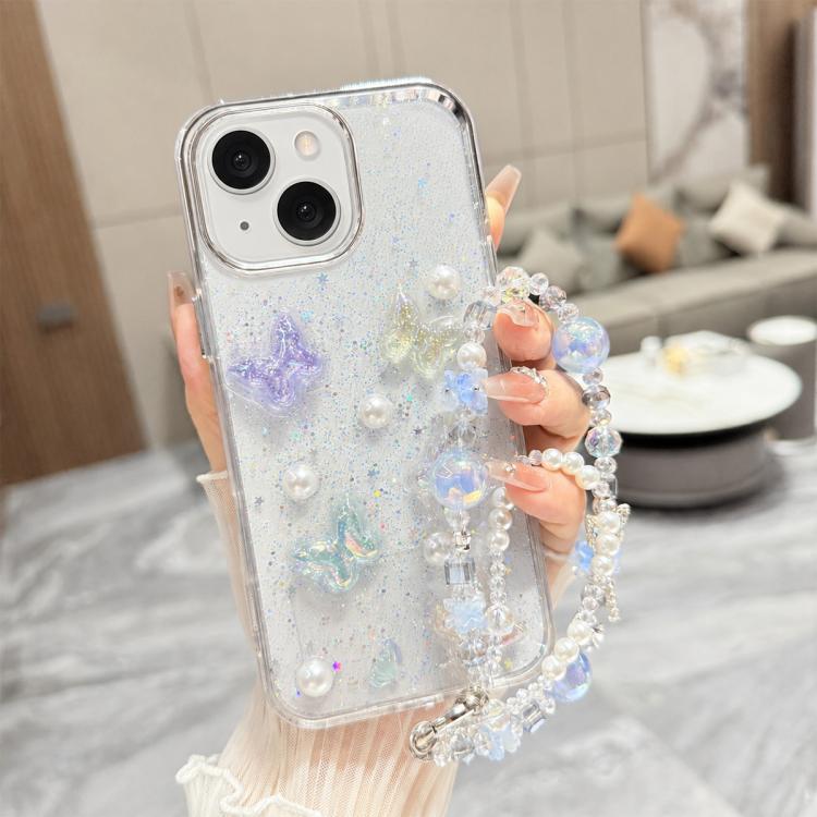 Custodia per telefono in TPU epossidico con glitter e quattro farfalle 3D, con bracciale a catena., For iPhone 15 Pro Max, For iPhone 15 Pro, For iPhone 15 Plus, For iPhone 15