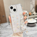 Custodia per telefono in TPU epossidico con glitter e quattro farfalle 3D, con bracciale a catena., For iPhone 15 Pro Max, For iPhone 15 Pro, For iPhone 15 Plus, For iPhone 15