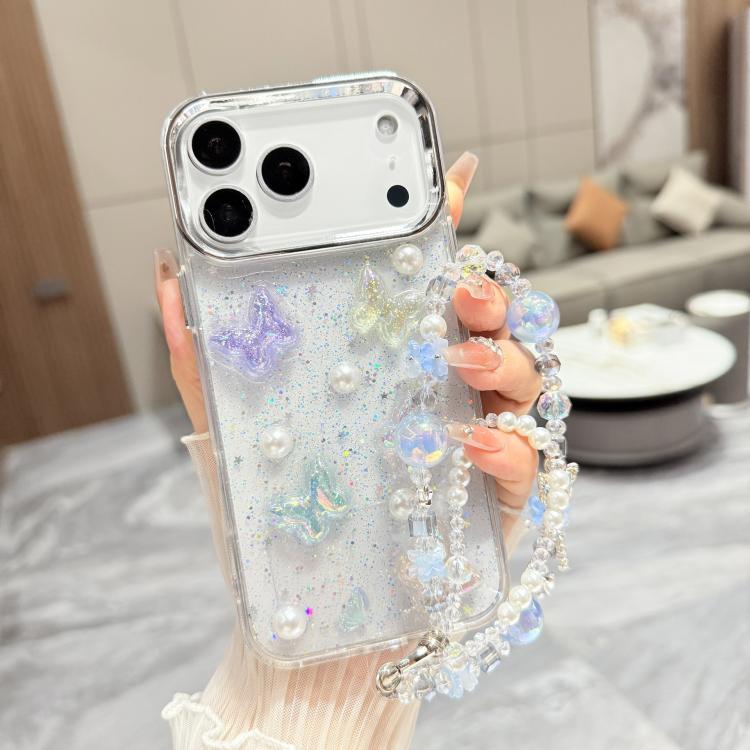 Custodia per telefono in TPU epossidico con glitter e quattro farfalle 3D, con bracciale a catena., For iPhone 17 Pro Max, For iPhone 17 Pro, For iPhone 17, For iPhone Air, For iPhone 16 Pro Max, For iPhone 16 Pro, For iPhone 16 Plus, For iPhone 16