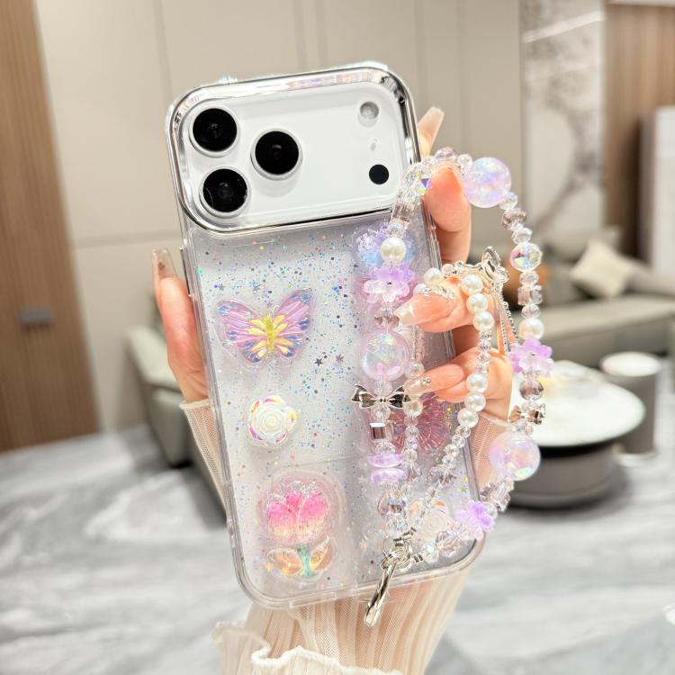 Custodia per telefono in TPU epossidico con glitter e quattro farfalle 3D, con bracciale a catena., For iPhone 17 Pro Max, For iPhone 17 Pro, For iPhone 17, For iPhone Air, For iPhone 16 Pro Max, For iPhone 16 Pro, For iPhone 16 Plus, For iPhone 16