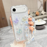 Custodia per telefono in TPU epossidico con glitter e quattro farfalle 3D, con bracciale a catena., For iPhone 17 Pro Max, For iPhone 17 Pro, For iPhone 17, For iPhone Air, For iPhone 16 Pro Max, For iPhone 16 Pro, For iPhone 16 Plus, For iPhone 16
