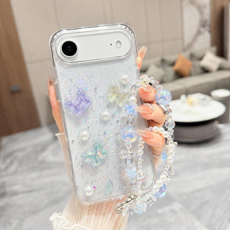 Custodia per telefono in TPU epossidico con glitter e quattro farfalle 3D, con bracciale a catena., For iPhone 17 Pro Max, For iPhone 17 Pro, For iPhone 17, For iPhone Air, For iPhone 16 Pro Max, For iPhone 16 Pro, For iPhone 16 Plus, For iPhone 16