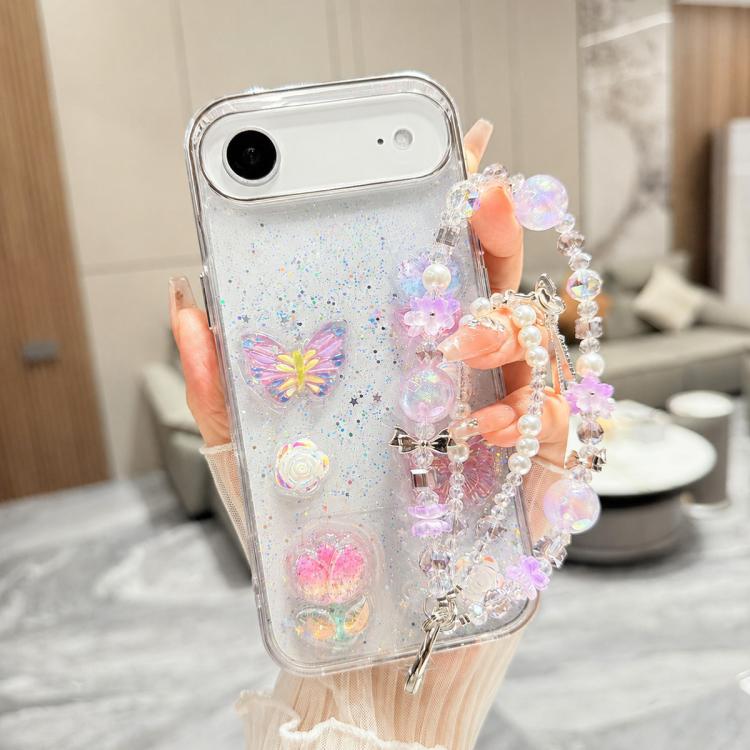 Custodia per telefono in TPU epossidico con glitter e quattro farfalle 3D, con bracciale a catena., For iPhone 17 Pro Max, For iPhone 17 Pro, For iPhone 17, For iPhone Air, For iPhone 16 Pro Max, For iPhone 16 Pro, For iPhone 16 Plus, For iPhone 16