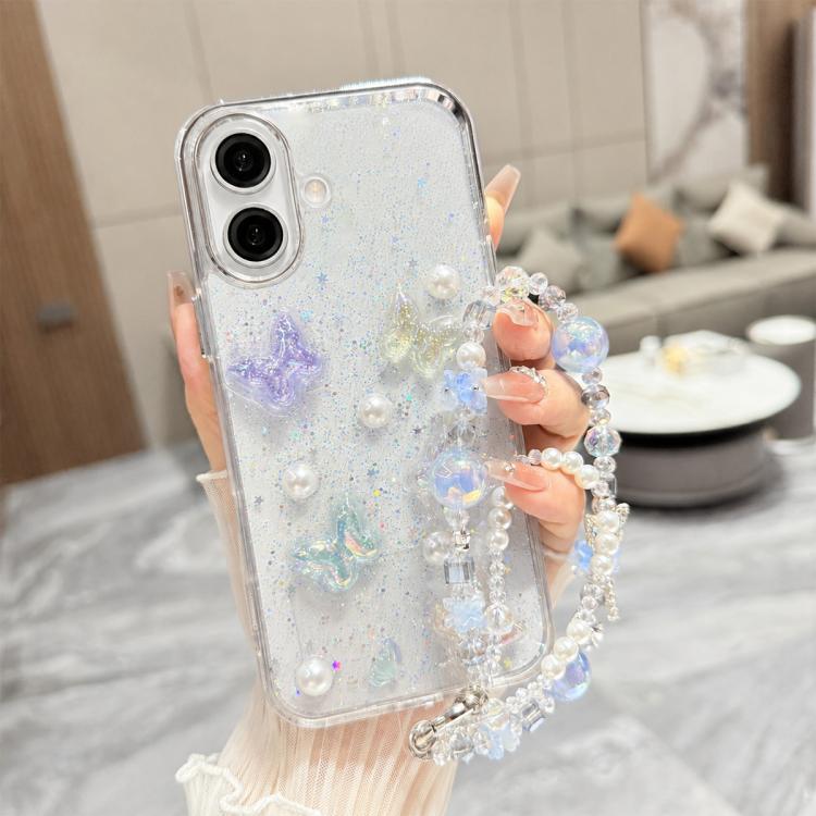 Custodia per telefono in TPU epossidico con glitter e quattro farfalle 3D, con bracciale a catena., For iPhone 17 Pro Max, For iPhone 17 Pro, For iPhone 17, For iPhone Air, For iPhone 16 Pro Max, For iPhone 16 Pro, For iPhone 16 Plus, For iPhone 16