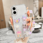 Custodia per telefono in TPU epossidico con glitter e quattro farfalle 3D, con bracciale a catena., For iPhone 17 Pro Max, For iPhone 17 Pro, For iPhone 17, For iPhone Air, For iPhone 16 Pro Max, For iPhone 16 Pro, For iPhone 16 Plus, For iPhone 16