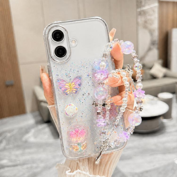 Custodia per telefono in TPU epossidico con glitter e quattro farfalle 3D, con bracciale a catena., For iPhone 17 Pro Max, For iPhone 17 Pro, For iPhone 17, For iPhone Air, For iPhone 16 Pro Max, For iPhone 16 Pro, For iPhone 16 Plus, For iPhone 16
