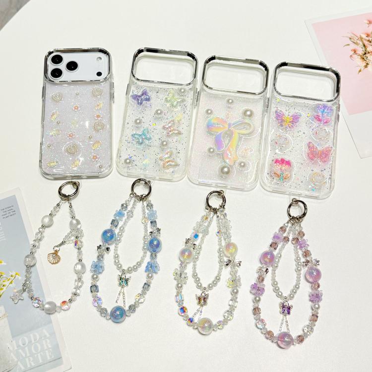 Custodia per telefono in TPU epossidico con glitter e quattro farfalle 3D, con bracciale a catena., For iPhone 15 Pro Max, For iPhone 15 Pro, For iPhone 15 Plus, For iPhone 15