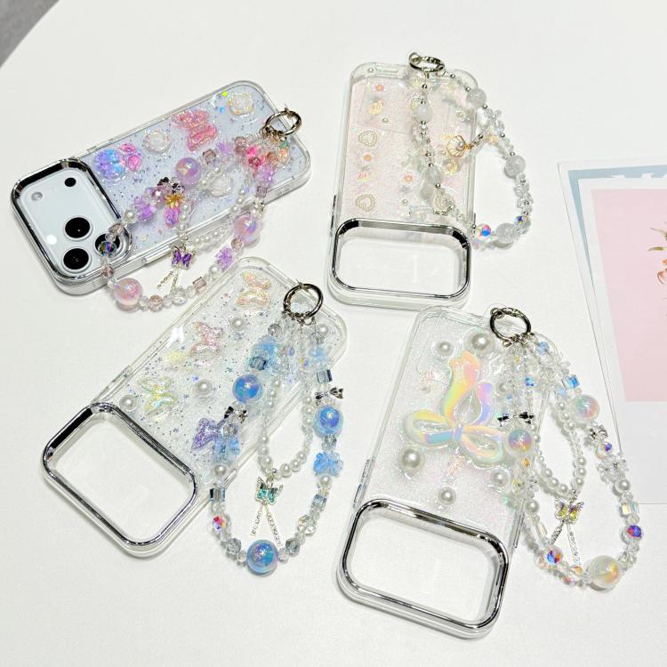 Custodia per telefono in TPU epossidico con glitter e quattro farfalle 3D, con bracciale a catena., For iPhone 15 Pro Max, For iPhone 15 Pro, For iPhone 15 Plus, For iPhone 15