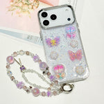 Custodia per telefono in TPU epossidico con glitter e quattro farfalle 3D, con bracciale a catena., For iPhone 17 Pro Max, For iPhone 17 Pro, For iPhone 17, For iPhone Air, For iPhone 16 Pro Max, For iPhone 16 Pro, For iPhone 16 Plus, For iPhone 16