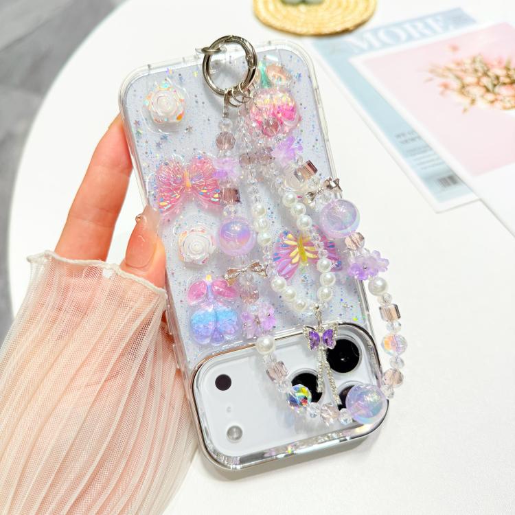 Custodia per telefono in TPU epossidico con glitter e quattro farfalle 3D, con bracciale a catena., For iPhone 17 Pro Max, For iPhone 17 Pro, For iPhone 17, For iPhone Air, For iPhone 16 Pro Max, For iPhone 16 Pro, For iPhone 16 Plus, For iPhone 16