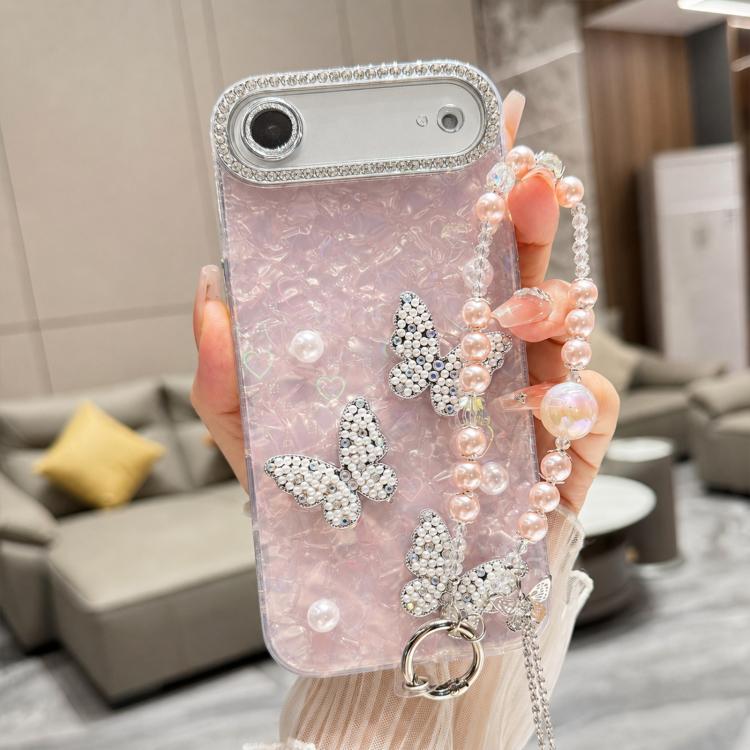 Custodia per telefono con texture a conchiglia, perla 3D, farfalla, diamanti e glitter, con catena a bracciale, For iPhone 17 Pro Max, For iPhone 17 Pro, For iPhone 17, For iPhone Air, For iPhone 16 Pro Max, For iPhone 16 Pro, For iPhone 16 Plus       ...