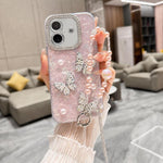 Custodia per telefono con texture a conchiglia, perla 3D, farfalla, diamanti e glitter, con catena a bracciale, For iPhone 17 Pro Max, For iPhone 17 Pro, For iPhone 17, For iPhone Air, For iPhone 16 Pro Max, For iPhone 16 Pro, For iPhone 16 Plus       ...