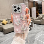 Custodia per telefono con texture a conchiglia, perla 3D, farfalla, diamanti e glitter, con catena a bracciale, For iPhone 17 Pro Max, For iPhone 17 Pro, For iPhone 17, For iPhone Air, For iPhone 16 Pro Max, For iPhone 16 Pro, For iPhone 16 Plus       ...