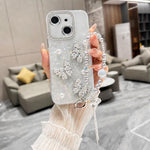 Custodia per telefono con texture a conchiglia, perla 3D, farfalla, diamanti e glitter, con catena a bracciale, For iPhone 14 Plus, For iPhone 14, For iPhone 14 Pro, For iPhone 14 Pro Max, For iPhone 13 Pro Max, For iPhone 13 Pro, For iPhone 13