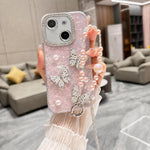 Custodia per telefono con texture a conchiglia, perla 3D, farfalla, diamanti e glitter, con catena a bracciale, For iPhone 14 Plus, For iPhone 14, For iPhone 14 Pro, For iPhone 14 Pro Max, For iPhone 13 Pro Max, For iPhone 13 Pro, For iPhone 13