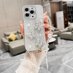 Custodia per telefono con texture a conchiglia, perla 3D, farfalla, diamanti e glitter, con catena a bracciale, For iPhone 14 Plus, For iPhone 14, For iPhone 14 Pro, For iPhone 14 Pro Max, For iPhone 13 Pro Max, For iPhone 13 Pro, For iPhone 13