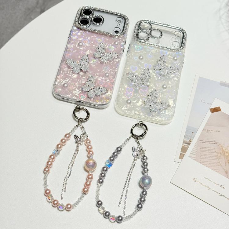 Custodia per telefono con texture a conchiglia, perla 3D, farfalla, diamanti e glitter, con catena a bracciale, For iPhone 14 Plus, For iPhone 14, For iPhone 14 Pro, For iPhone 14 Pro Max, For iPhone 13 Pro Max, For iPhone 13 Pro, For iPhone 13