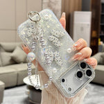 Custodia per telefono con texture a conchiglia, perla 3D, farfalla, diamanti e glitter, con catena a bracciale, For iPhone 14 Plus, For iPhone 14, For iPhone 14 Pro, For iPhone 14 Pro Max, For iPhone 13 Pro Max, For iPhone 13 Pro, For iPhone 13