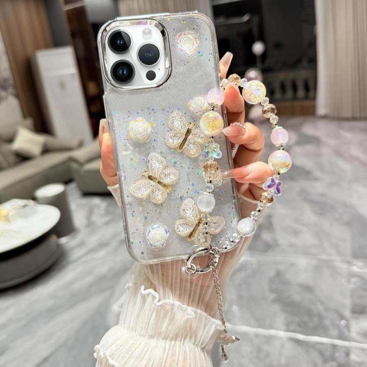 Custodia per telefono in TPU e resina epossidica con farfalla 3D glitterata e bracciale a catena, For iPhone 15 Pro Max, For iPhone 15 Pro, For iPhone 15 Plus, For iPhone 15, For iPhone 14 Plus, For iPhone 14, For iPhone 14 Pro, For iPhone 14 Pro Max