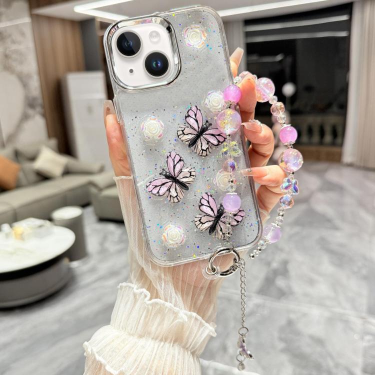 Custodia per telefono in TPU e resina epossidica con farfalla 3D glitterata e bracciale a catena, For iPhone 15 Pro Max, For iPhone 15 Pro, For iPhone 15 Plus, For iPhone 15, For iPhone 14 Plus, For iPhone 14, For iPhone 14 Pro, For iPhone 14 Pro Max