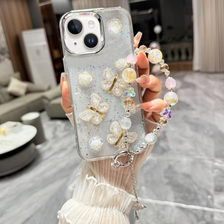 Custodia per telefono in TPU e resina epossidica con farfalla 3D glitterata e bracciale a catena, For iPhone 13 Pro Max, For iPhone 13 Pro, For iPhone 13, For iPhone 12, For iPhone 12 Pro Max, For iPhone 12 Pro