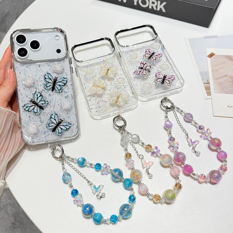 Custodia per telefono in TPU e resina epossidica con farfalla 3D glitterata e bracciale a catena, For iPhone 17 Pro Max, For iPhone 17 Pro, For iPhone 17, For iPhone Air, For iPhone 16 Pro Max, For iPhone 16 Pro, For iPhone 16 Plus, For iPhone 16