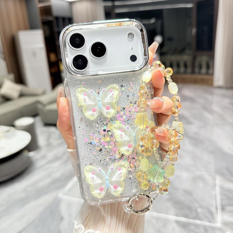 Custodia per telefono in TPU e resina epossidica con farfalla 3D glitterata e catena a bracciale, For iPhone 17 Pro Max, For iPhone 17 Pro, For iPhone 17, For iPhone Air